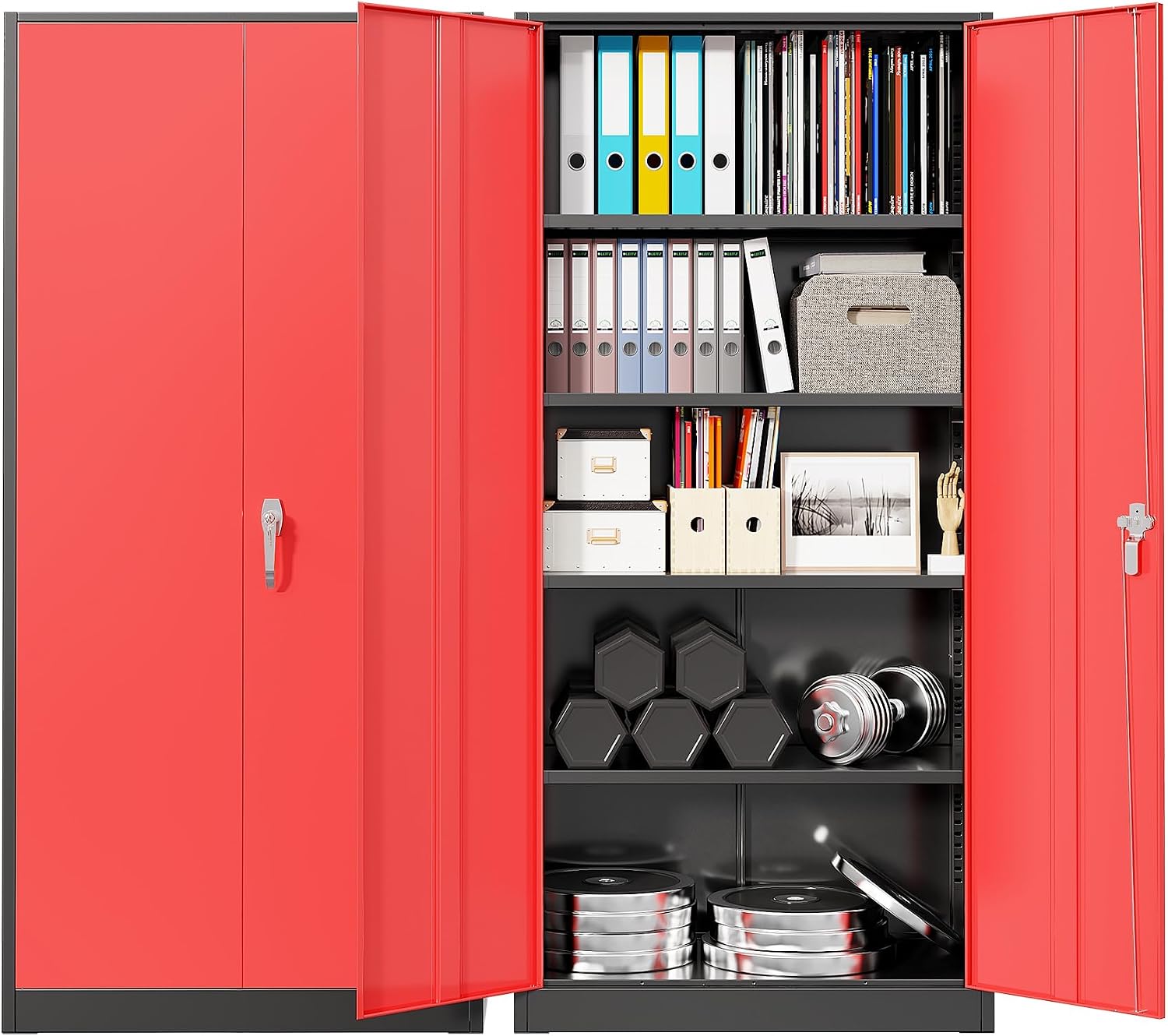 Tools For Garage Workshop - 頑丈な金属製ガレージ収納キャビネット、スチール製ロック式ユーティリティクローゼット、2つのドアと5つの調整可能な棚付き、家庭、オフィス、作業場の工具整理用、黒色