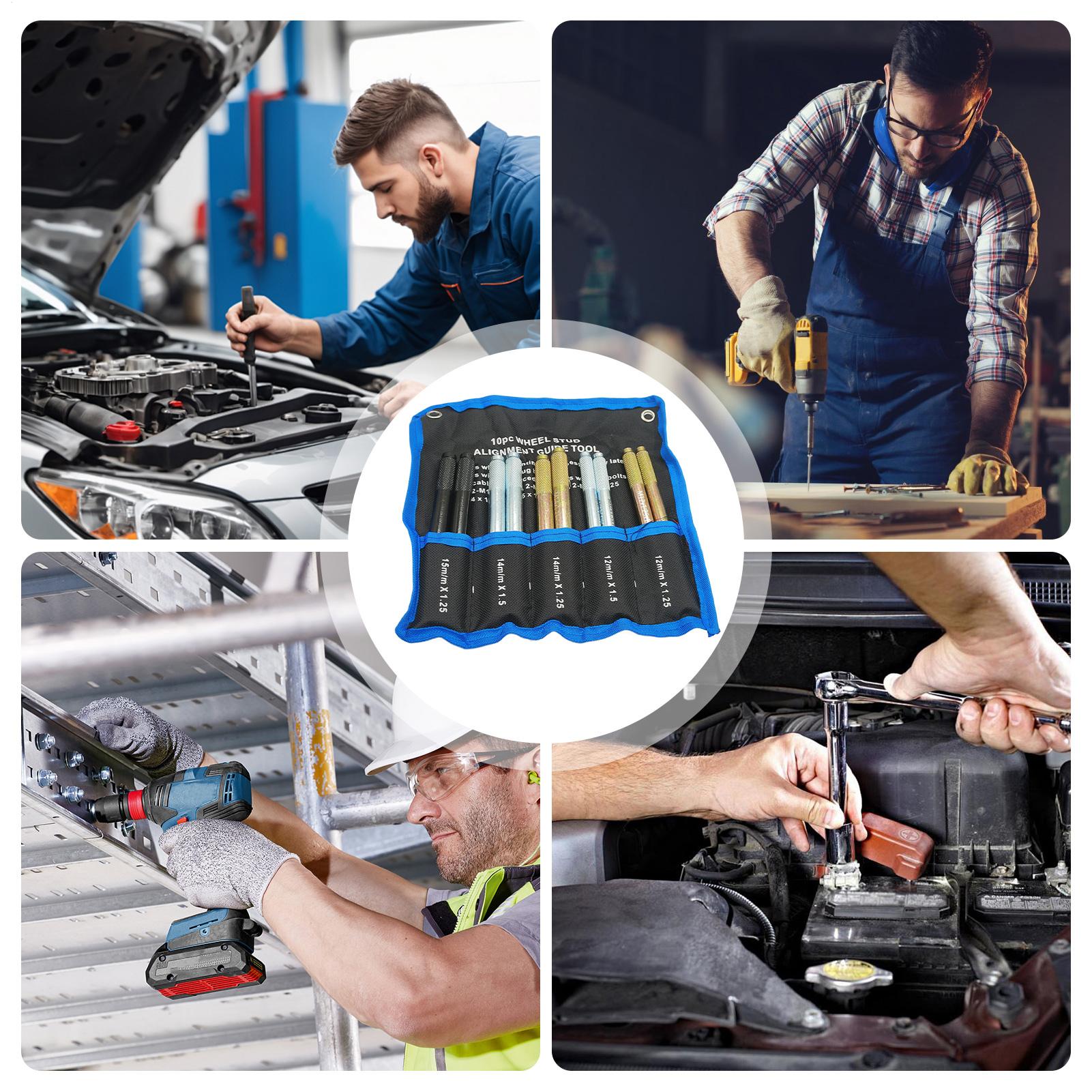 Tools For Garage Workshop - ホイールアライメント用スタッドピン 10個入り。汎用タイプで、防錆・滑り止め加工が施され、正確な位置決めが可能な自動車用ホイールスタッドガイドツール。ガレージやワークショップでの使用に最適。
