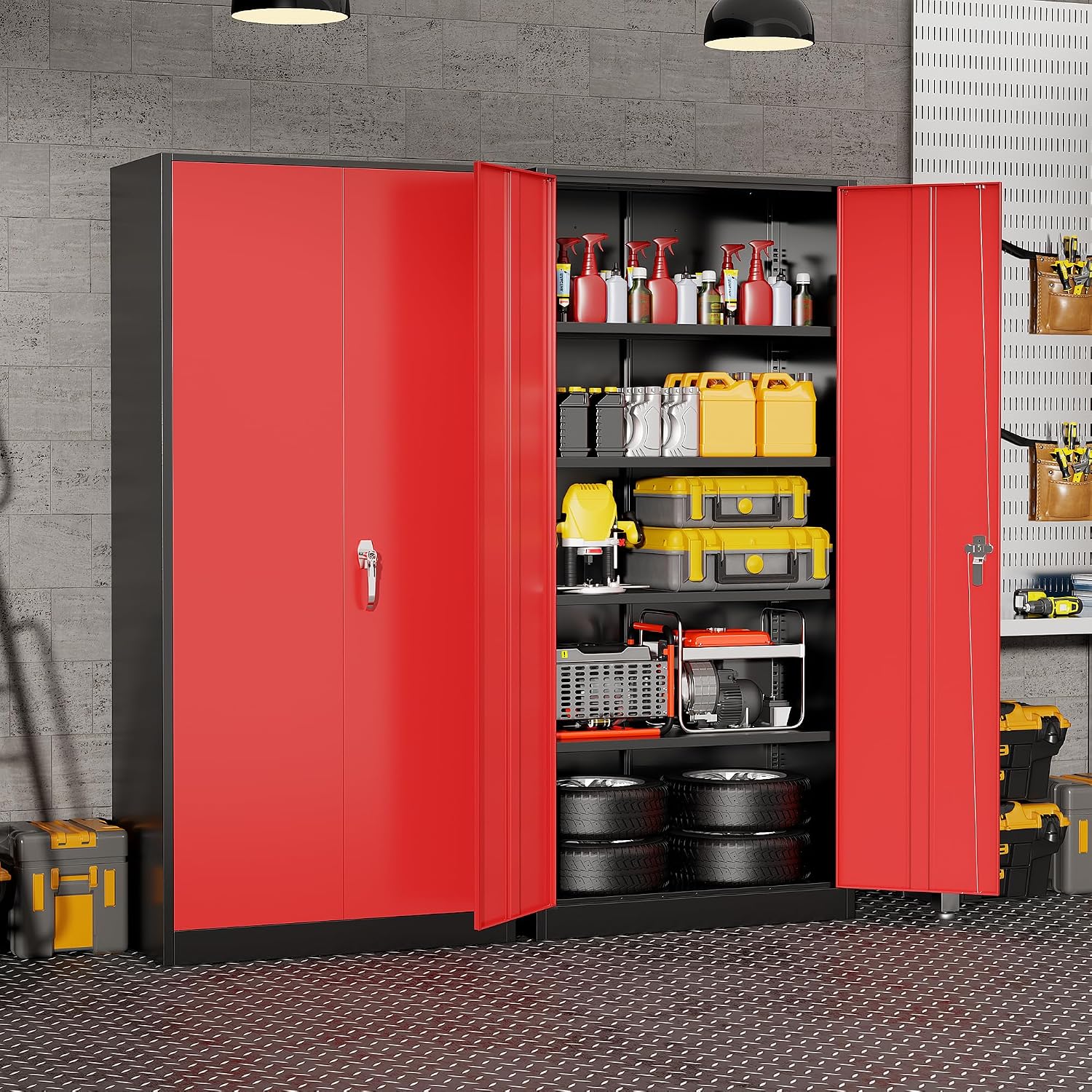 頑丈な金属製ガレージ収納キャビネット、スチール製ロック式ユー - Tools For Garage Workshop のレビューと価格