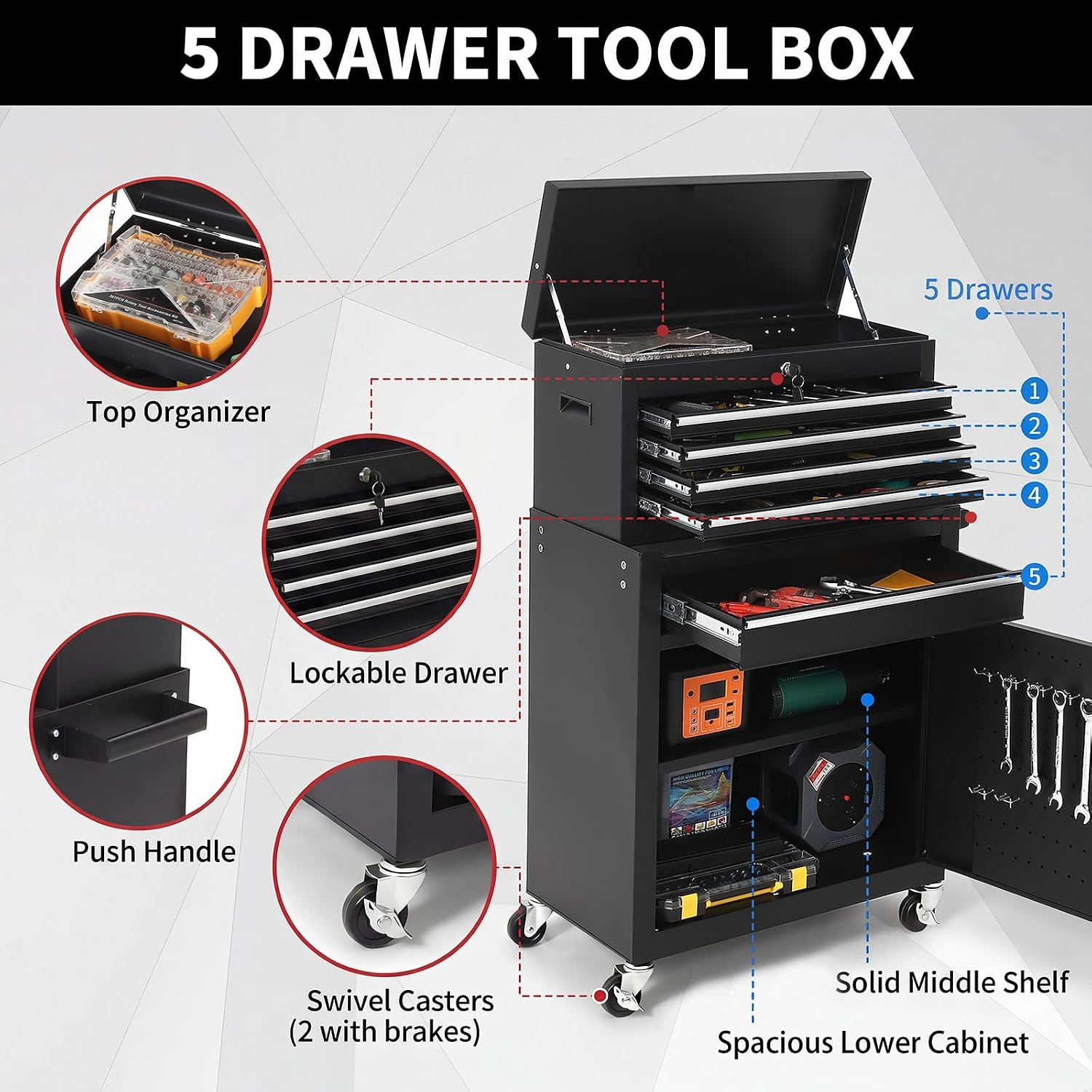5段引き出し式ローリングツールキャビネット（ロック可能な取り - Workshop Tools Trolley のレビューと価格