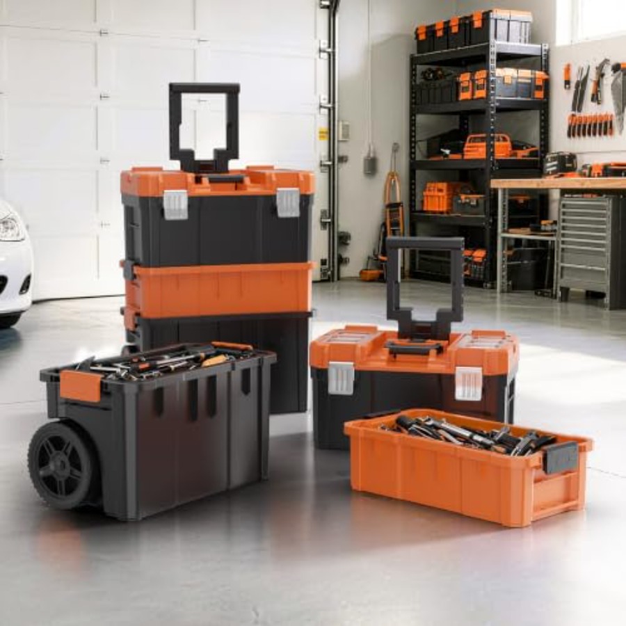 キャスター付きの移動式工具箱。3段重ね可能な工具箱で、ワーク - Tools Use In The Workshop のレビューと価格