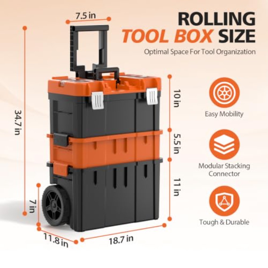 キャスター付きの移動式工具箱。3段重ね可能な工具箱で、ワーク - Tools Use In The Workshop のレビューと価格
